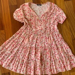 Pink Floral Tiered Dress with Tassel Tie